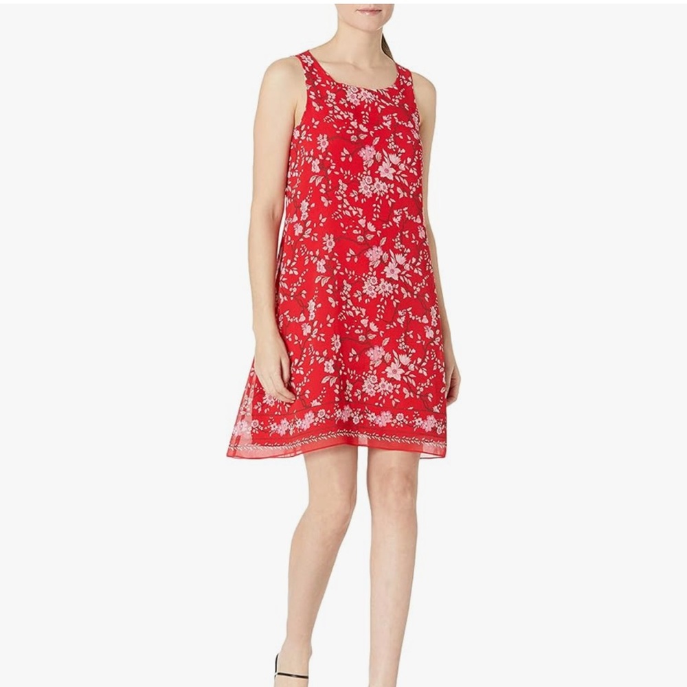 Max Studio Floral Cherry Blossom Red Knee Length Shift Dress Medium Chiffon